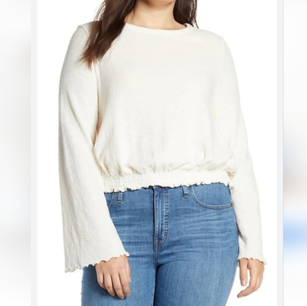 Madewell Flare Sleeve Texture & Thread Cream Lettuce Hem‎ Cotton Crop Top Size L